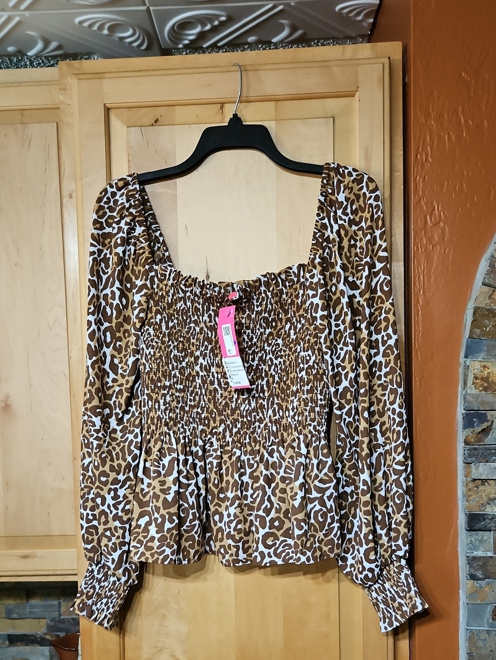 Lilly Pulitzer Brown and White Leopard Smocked Peasant Top